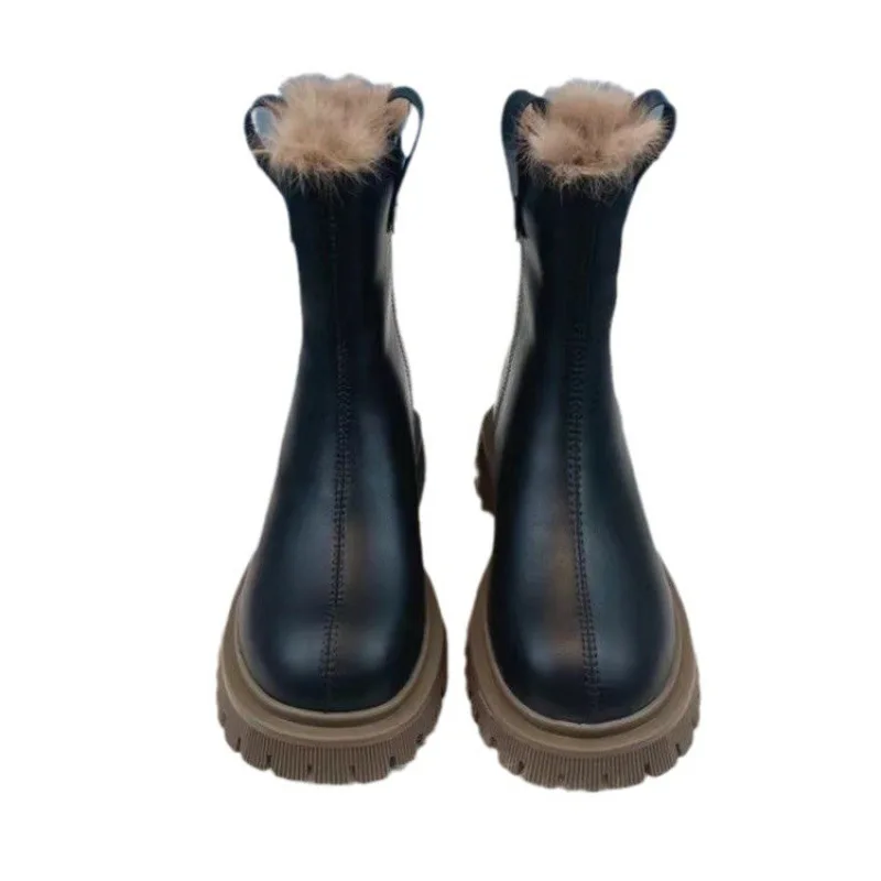 Женские ботинки на платформе с круглым носком Зимние Теплые ботильоны из