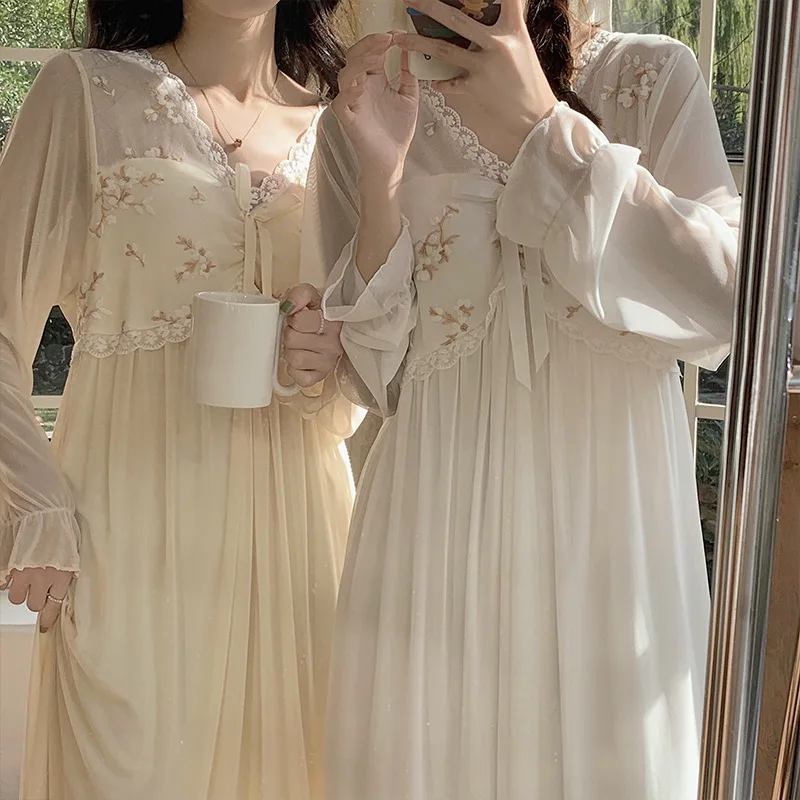Nightgown Embroidered Flower Sweet Gauze Palace Style Long Sleeve Nightdress Sleepwear Spring Summer Female Home Dressing Gown