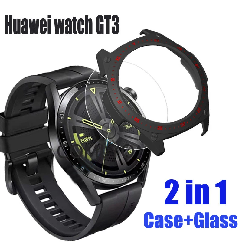 

2in1 PC Case For Huawei watch GT3 GT 3 46MM Protective Shell Cover Bezel Ring Scale Bumper Glass Screen Protector film