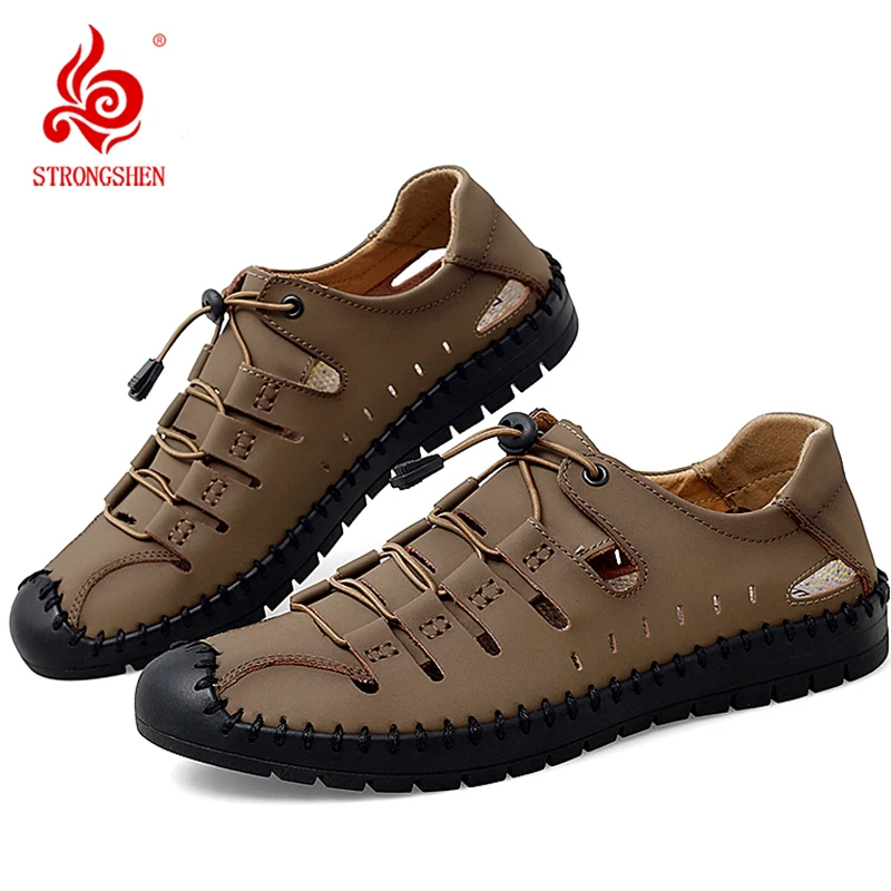 

STRONGSHEN Men Leather Casual Handmade Shoes Outdoor High Quality Fashion Soft Homme Classic Ankle Non-slip Flats Moccasin Trend