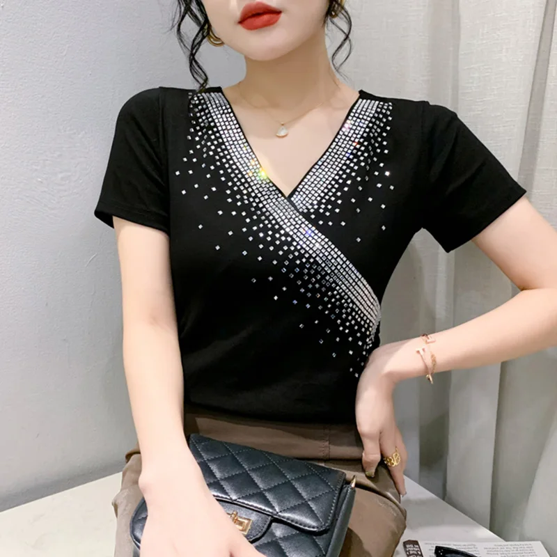 

Clothes For Women Graphic T Shirts New 2023 Summer Short Sleeved V-Neck Hot Diamond Mesh Tops Black Blusas