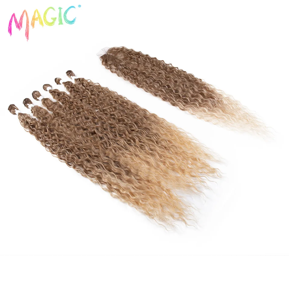 Magic Synthetic Hair Extension Afro Kinky Curly Hair Bundles With Closure 30 Inch Long Weave Curly Bundles For Black Women