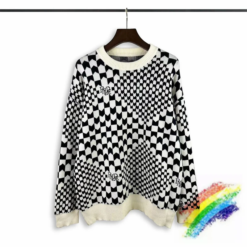 

New Rhude Black Plaid Jacquard Sweater Men Women 1:1 High Quality Black Oversized Knit Sweatshirts