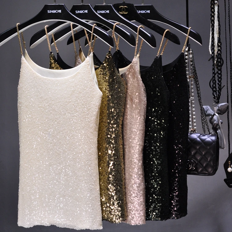 

2022 New Fashion Lady Metal Chain Camisole All-match Blingbling Sequins Trendy Bottoming Top Sexy Pullovers Tank Tops Nightclub