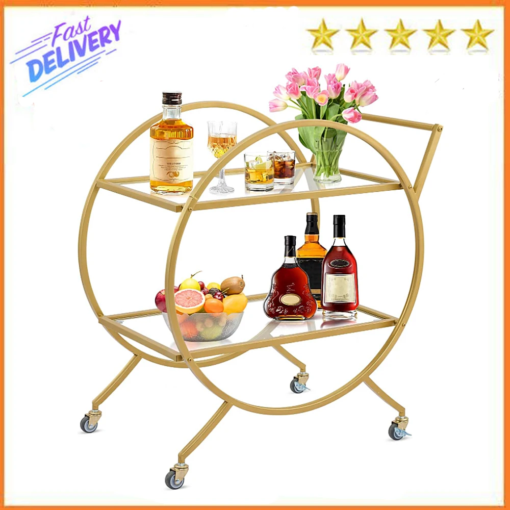 

PioneerWorks Serving Bar Carts, 2 Tier Golden Rolling Bar Cart with Wheels and Mirrored Trays for Serving Food, Wine, Coffee