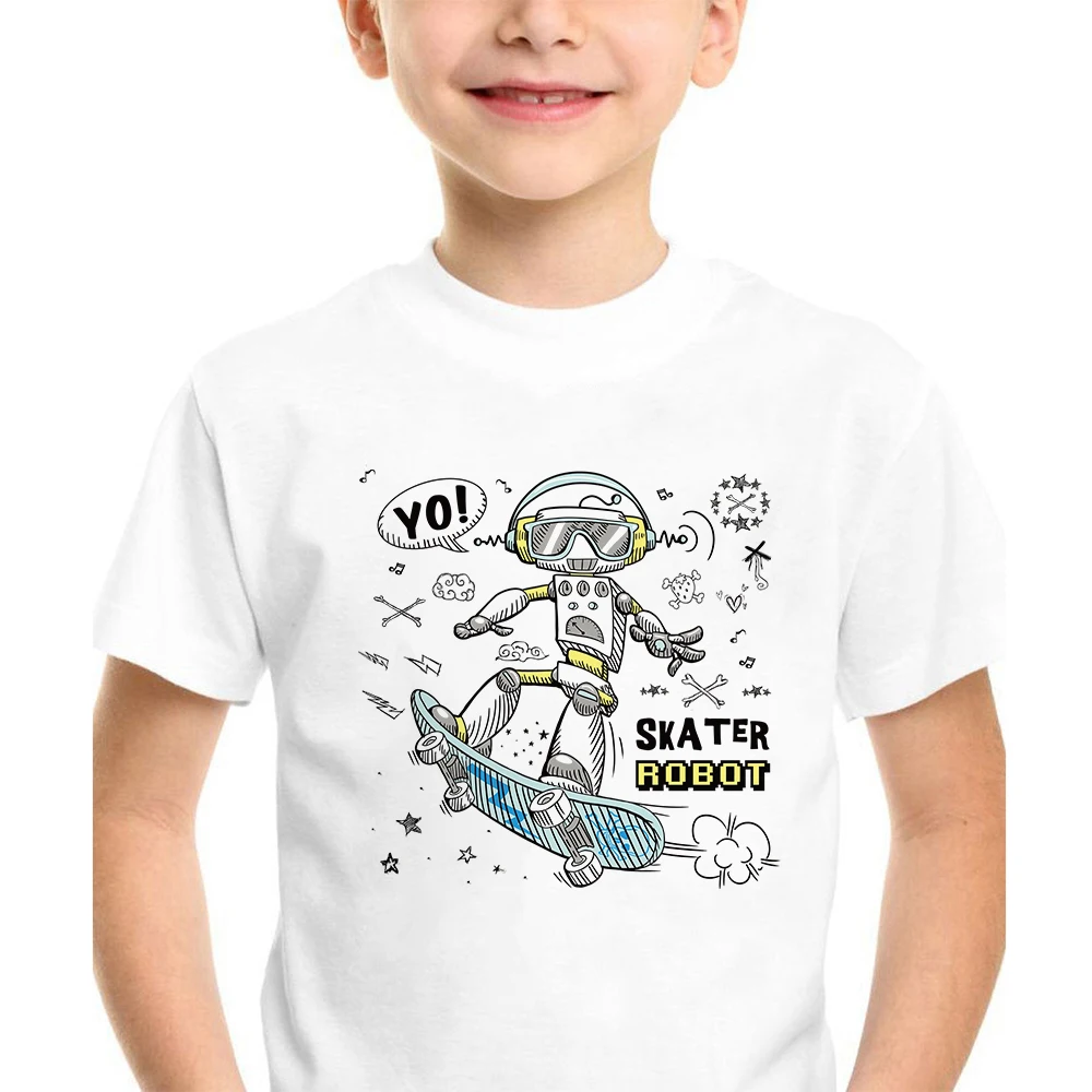 Yo Skater Robot Kids Autumn Streetweawr Punk Harajuku T-shirt Oversized Hipster Cool Boy Tops Tumblr Europe Children's Clothes