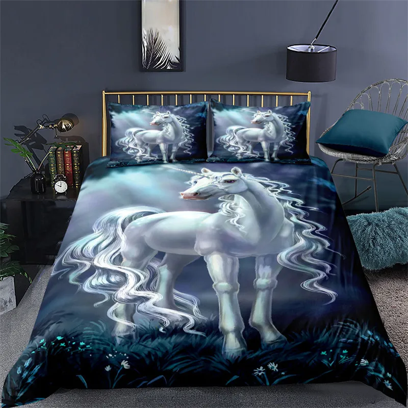 

White Dragon Horse Duvet Cover 3D Unicorn Bedding Set For Teens Kids Microfiber Western Cowboy Comforter Cover With Pillowcases