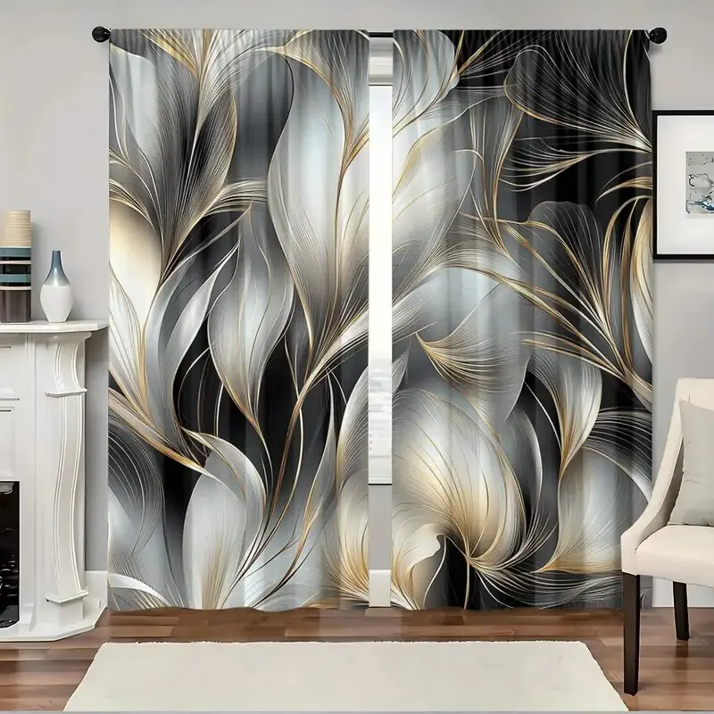 Черно-белые шторы с принтом кленовых листьев из полиэстера, 2 шт.