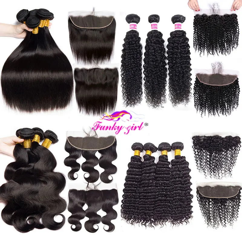 Human Hair Bundles With Frontal Straight Human Hair Lace Frontal Brazilian Deep Curly Weave With 13x4 Lace Frontal Remy Hair