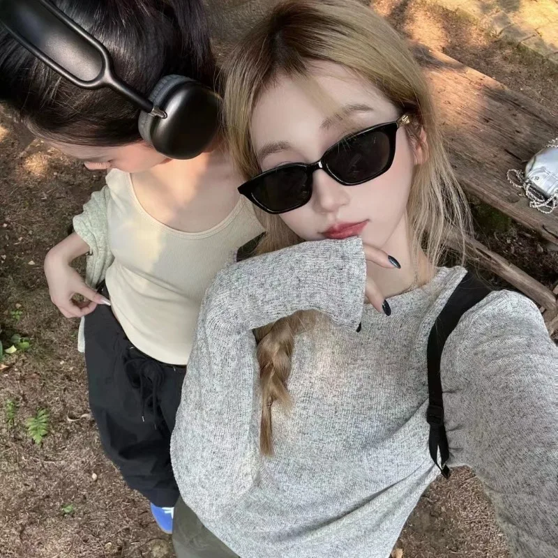 Женская свободная футболка с длинным рукавом эластичная трикотажная Однотонная