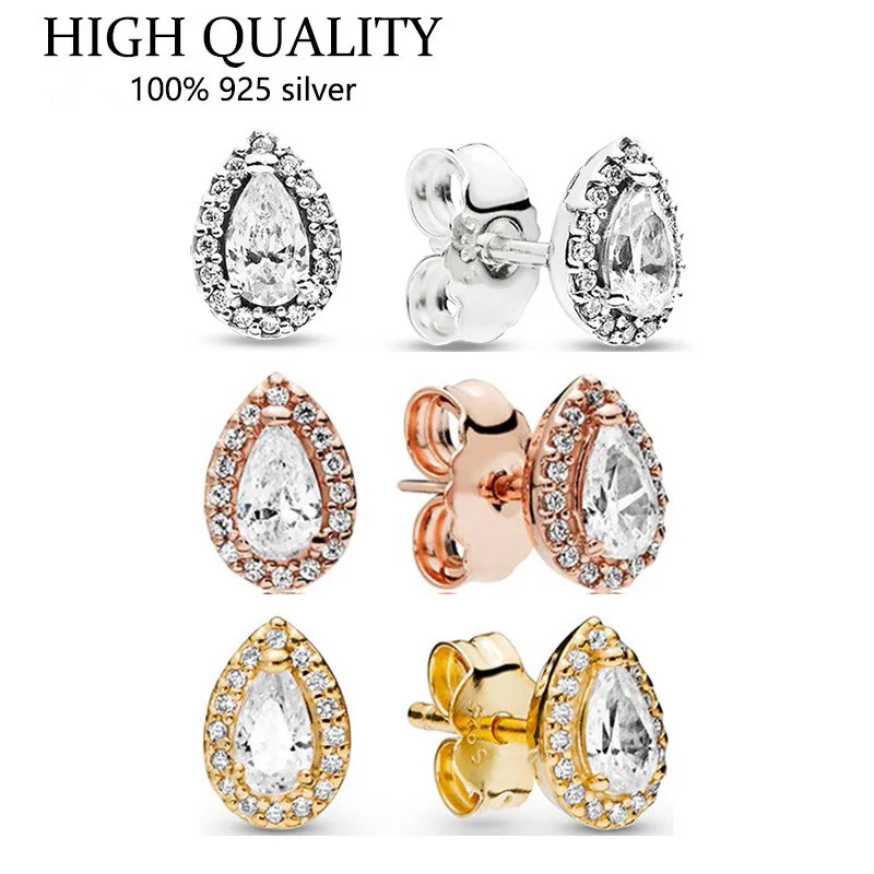 

Fit Original Luxury 925 Sterling Silver Glittering Cz Rose Gold Tear Ear Stud For Women High Quality Diy Fashion Wedding Jewelry