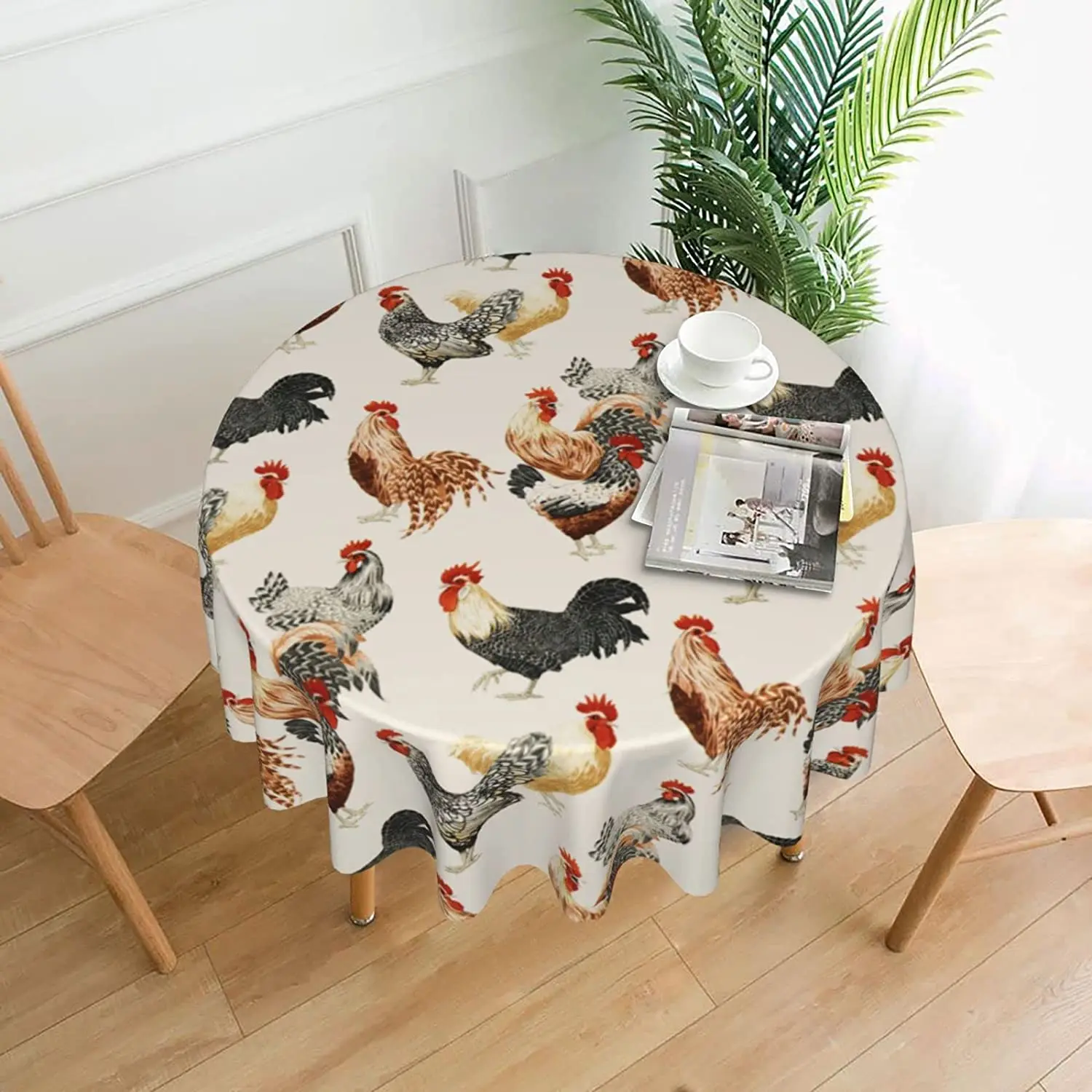 

Rooster Chickens Round Tablecloth Waterproof Stain Resistant Table Cloth Washable Polyester Table Cover for Kitchen Dining 60"