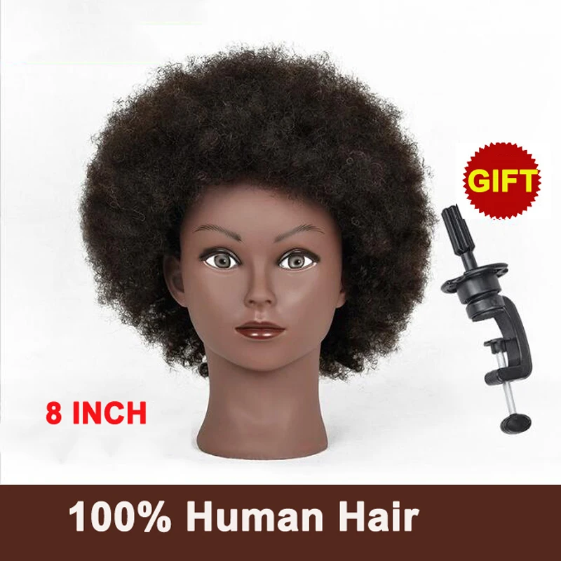 African Mannequin Head with 100% Human Hair Cosmetology Afro Hair Manikin Head for Practice Styling Braiding and Clamp Holder