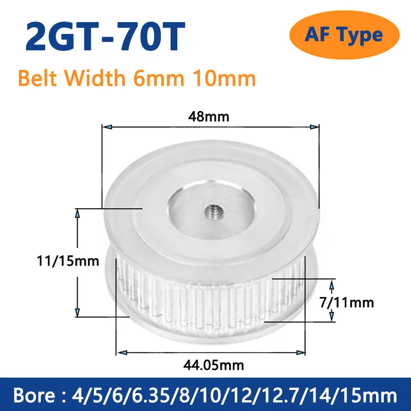 

1pc 70T 2GT Timing Pulley Bore 4 5 6 6.35 8 10 12 12.7 14 15mm for Width 6mm 10mm 2GT Synchronous Belt GT2 70 Teeth AF Type