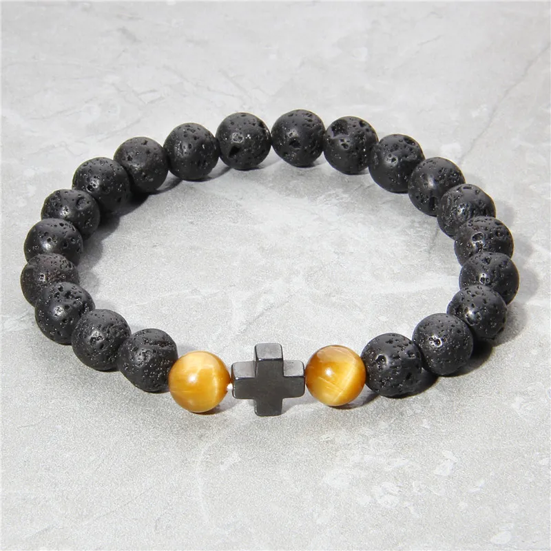 Мужской браслет с бусинами в виде тигрового глаза из натурального лавового камня