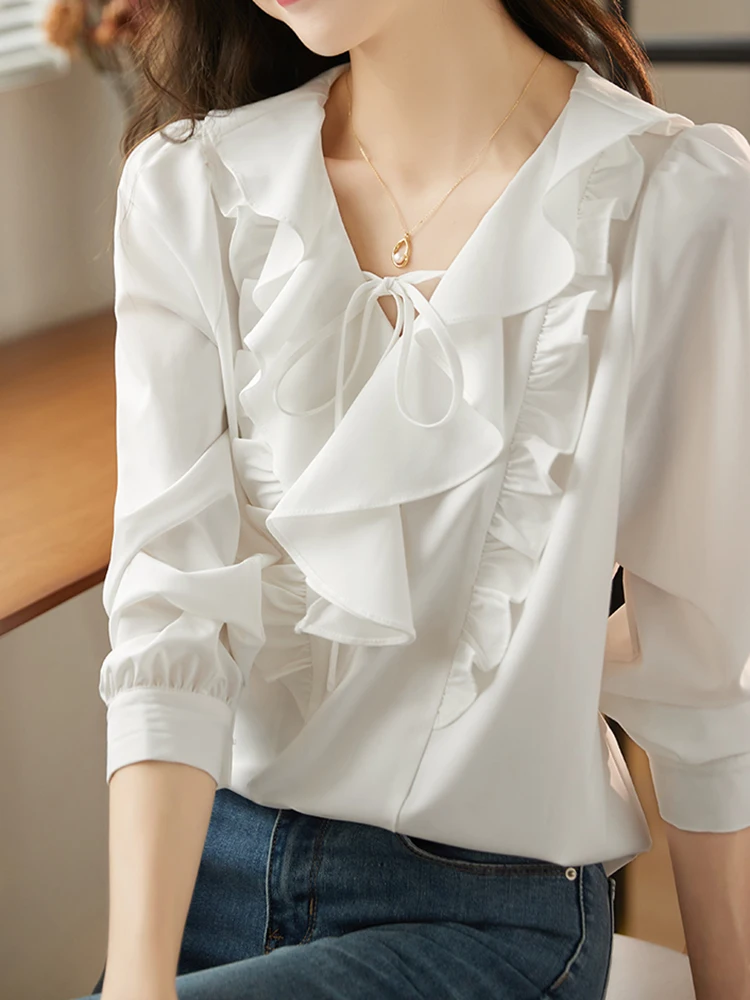 

QOERLIN 2023 Spring New French Style Lace-Up Shirt Women V Neck Tops Shirts Elegant Ruffles White Blouse Long Sleeve Office Lady
