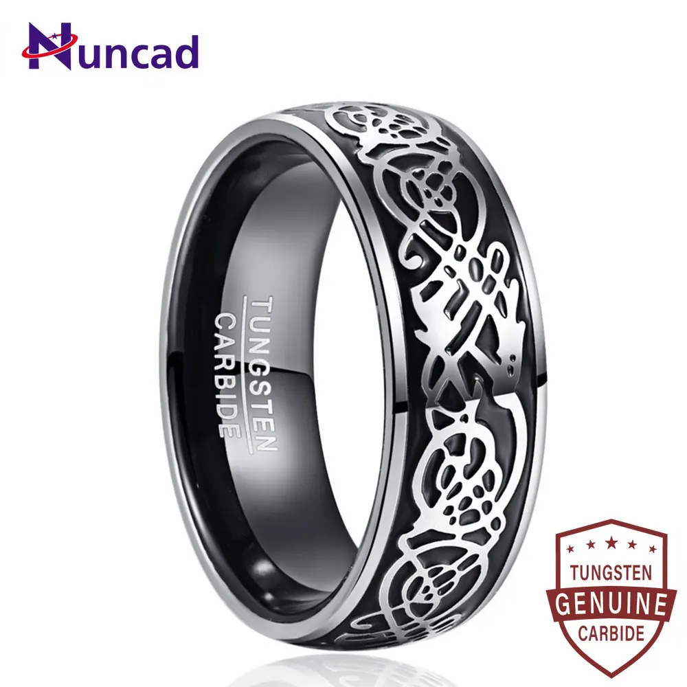 

NUNCAD 8mm Tungsten Carbide Ring Black Color Dome Three-dimensional Dragon Pattern Steel Groove Men's Wedding Jewelry Gift