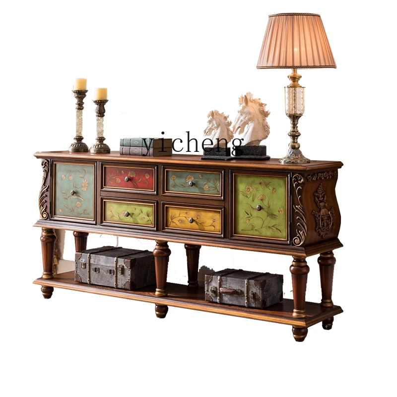 

YY European Console American Solid Wood Sideboard Carved Side Cabinet Hallway Table