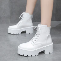 ladies boots autumn and winter new short boots pu fashion 2022 lace up thick sole sports ankle boots casual womens chunky heels