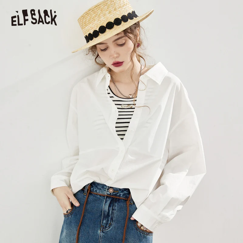 ELFSACK Spliced Fake Two Pieces Camisoles and Blouses Women 2023 Spring New Long Sleeve Basic Daily Tops