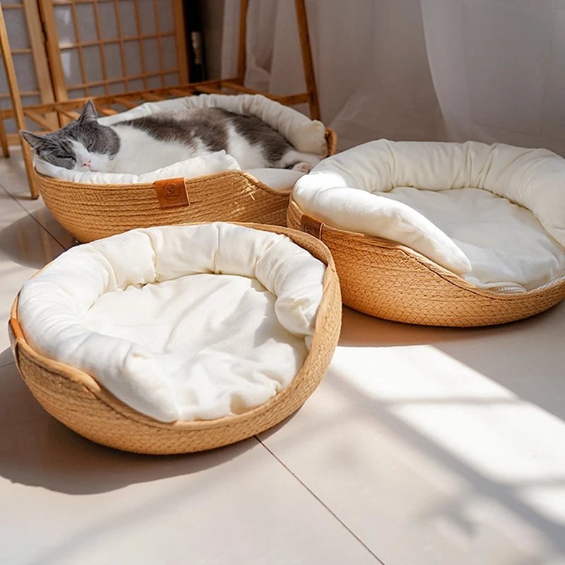 

Dogs Cat Basket Warm Round Sleeping Bed Sweet Cat Bed Cozy Kitten Lounger Cushion Detachable 2 in1 Cats Beds Washable Pet Cave