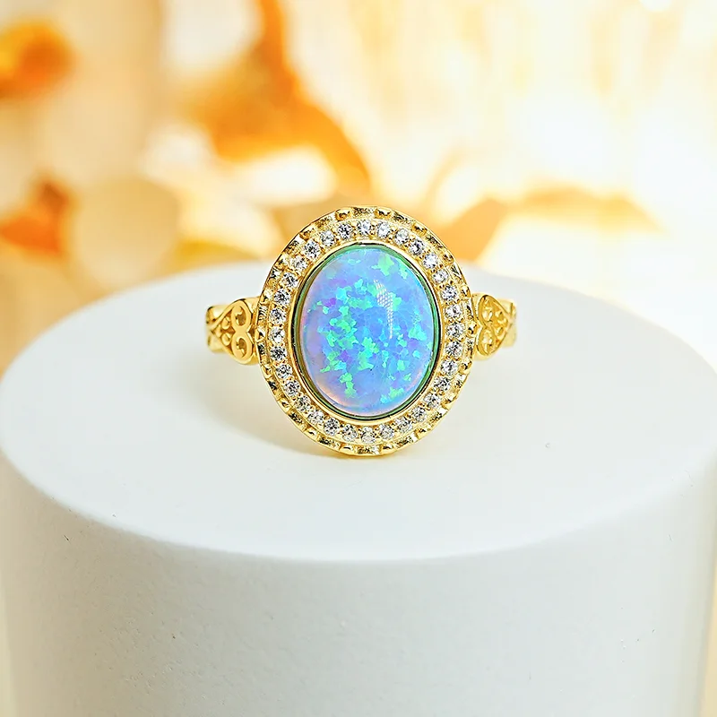 Новинка 925 серебро Голубой опал овальное Ретро модное кольцо с инкрустированным