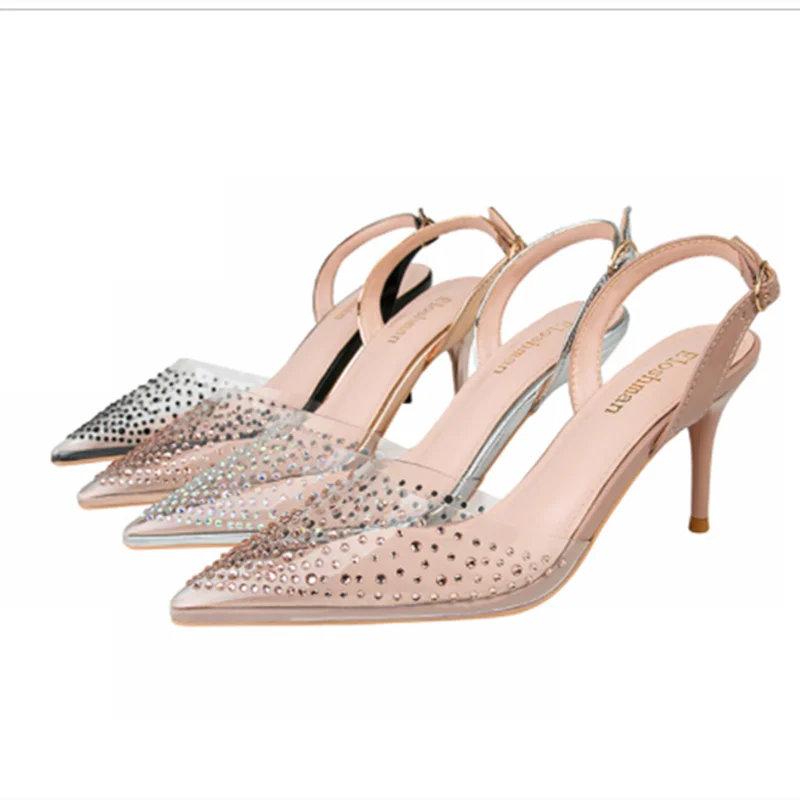 

Woman Modern Sandals Transparent Back Strap Shoes Shallow Mouth Luxury Rhinestons 7cm High Heels Pump Gold Silver Fashionable 41