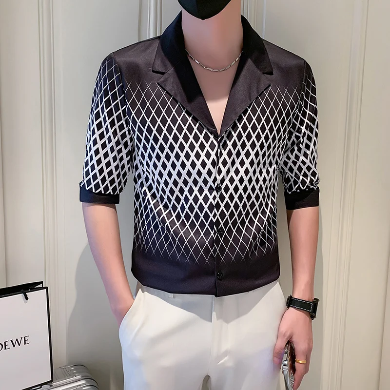 

Top Grade Deep V-Neck Half Sleeved Shirts for Men Vintage Plaid Printed Slim Fit Mens Dress Shirt Trend Social Tuxedo Clothes