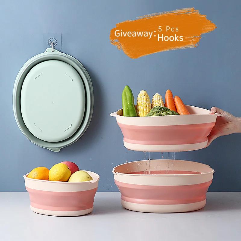 

Foldable Vegetable Washing Basket Double-layer Hollow Drain Basket Fruit Storage Basin Portable Washbasin Bathroom Container New