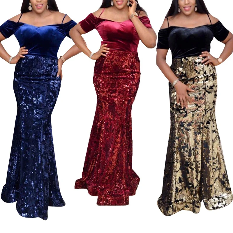 

Модные африканские искусственные сексуальные велюровые вечерние платья с вырезом лодочкой и блестками, элегантные блестящие длинные плат...