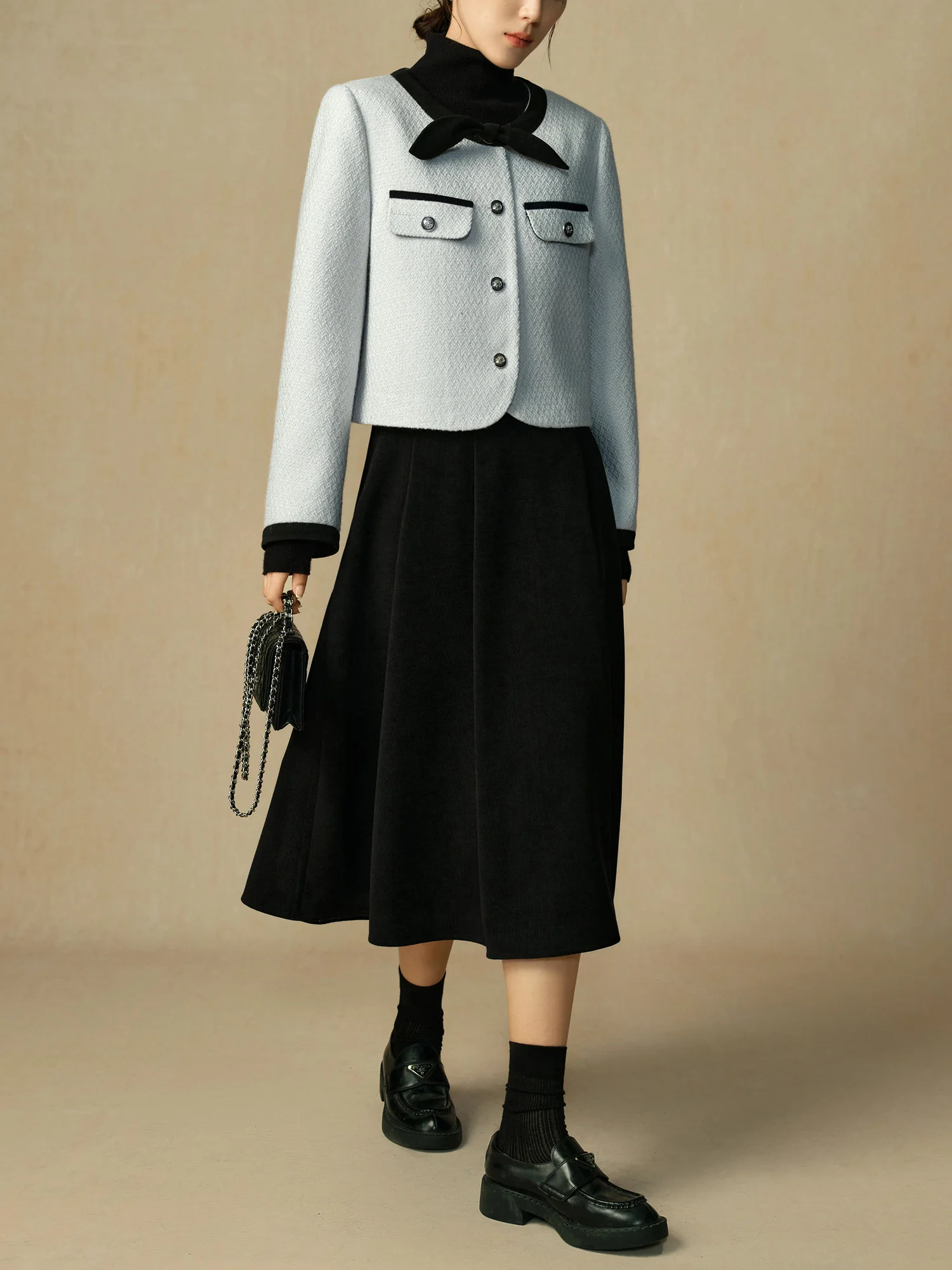 DUSHU Женская синяя твидовая куртка Нежный стиль Короткое пальто с круглым вырезом