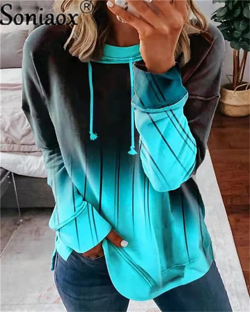 

Women's Gradient Color Printed Sweatshirt Casual Loose Hoodie O Neck Ladies Winter Pullover Splicing Long Sleeve Tops Streetwear