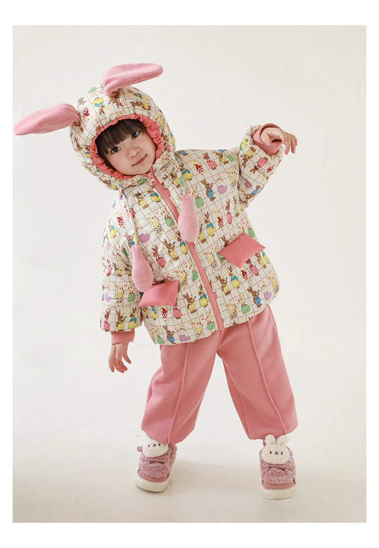 Girls' Cotton Padded Clothes Winter 2022 New Children's Thickened Coat Ear Standing Hat Rope Cartoon Coat