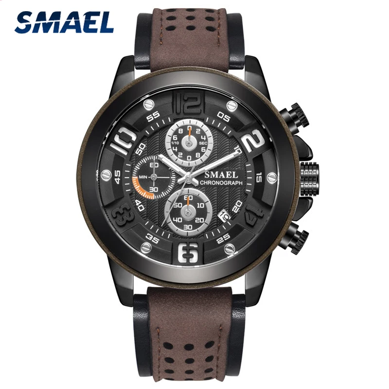 

SMAEL New Sport Chronograph Mens Watches Top Brand Luxury Quartz Clock Leather Waterproof Big Dial Watch Men Relogio Masculino