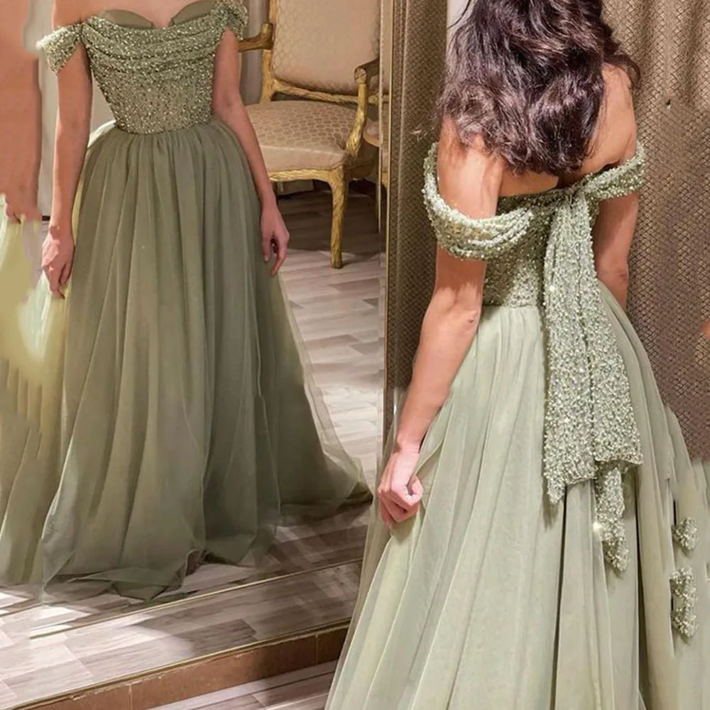 

2022 Green Tulle Arabic Women Formal Dresses Long Glitter Sequins Beads Prom Dress Plus Size Mother Bride Gown
