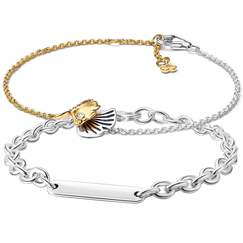 

Engravable Bar Link Double Gingko Leaves Two-tone Chain Bracelet Bangle Fit Fashion 925 Sterling Silver Bead Charm DIY Jewelry