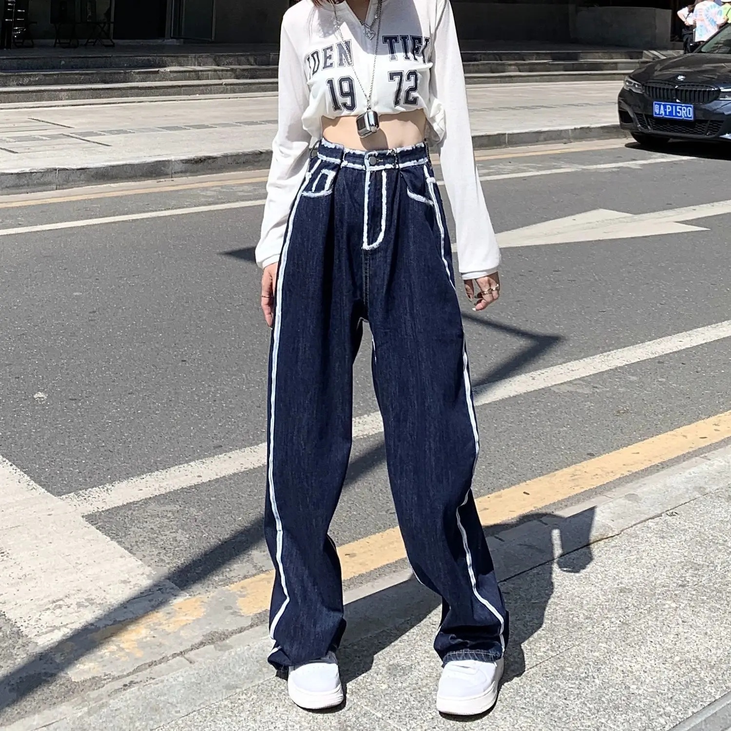 

Универсальные широкие брюки с завышенной талией Design Sense, новинка 2022, весенние модные женские прямые джинсы свободные и тонкие