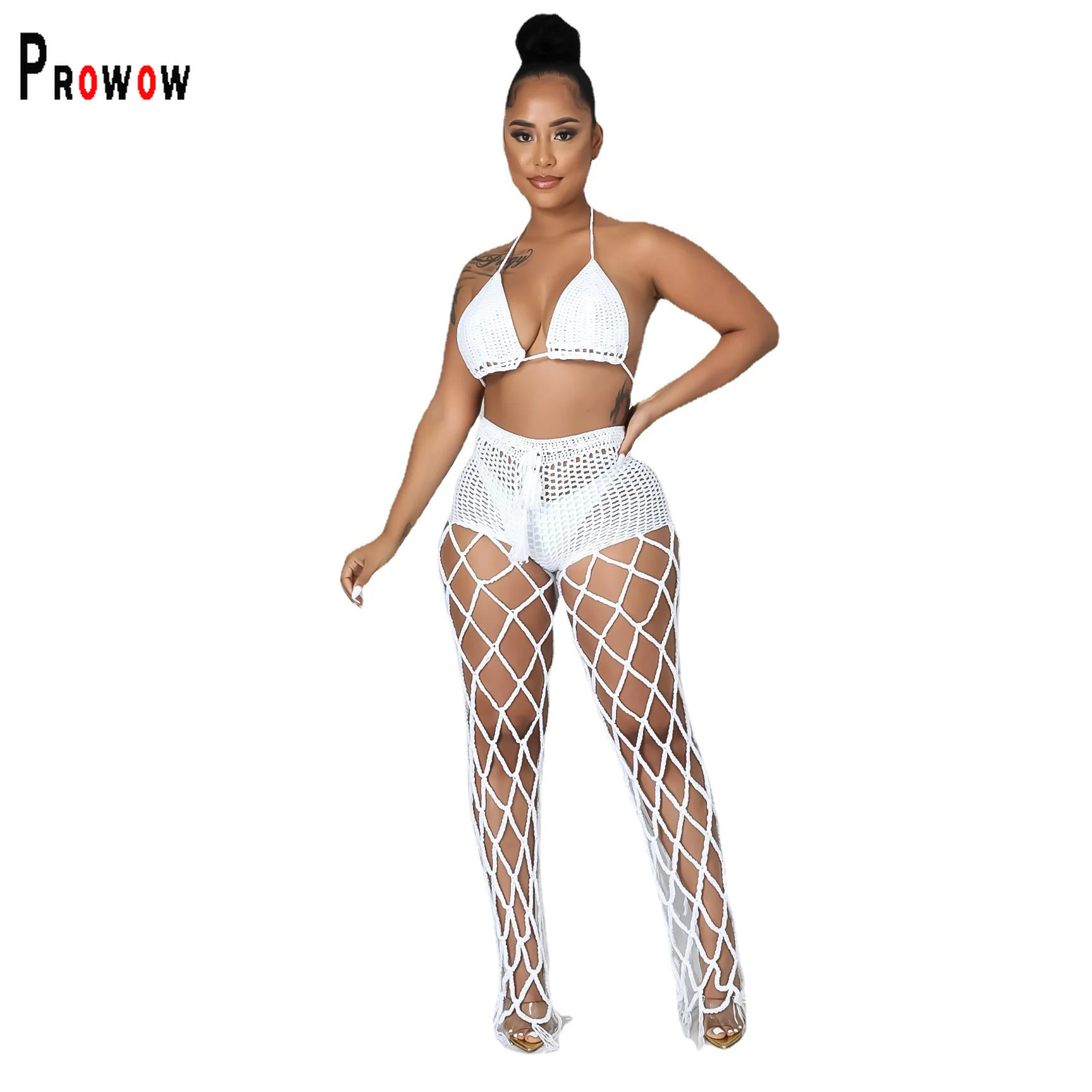 

Prowow Sexy Women Clothing Set Cropped Tops Pant Two Piece Knitting Crochet Hollow Out Suits 2022 Summer Female Fashion Outfits