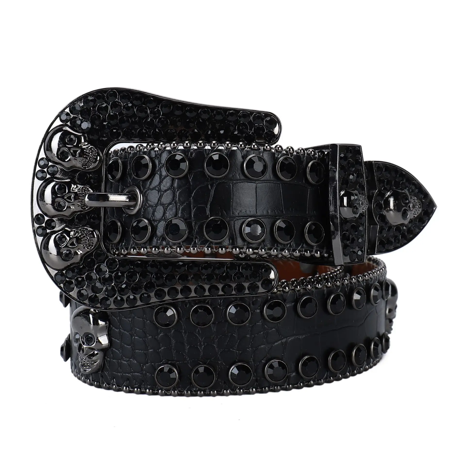 

High Quality Real Leather Cool Punk Western Rhinestone Belts Women Luxury Crystal Studded Skull Pin Buckle Men Belt For Jeans