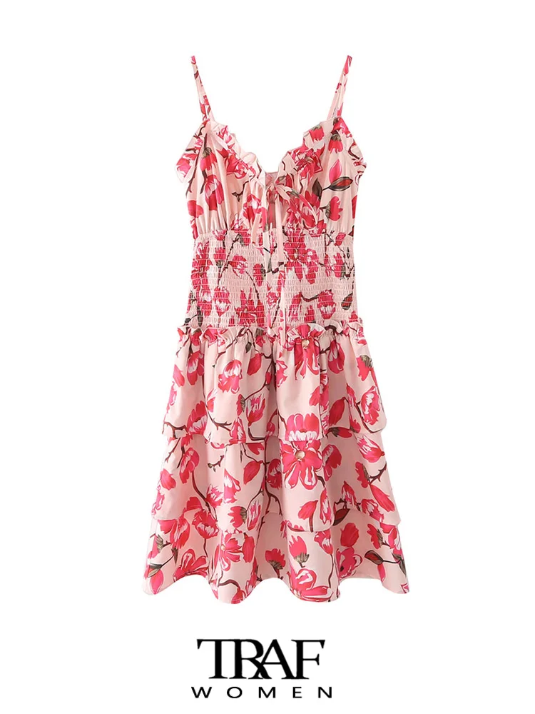 

Платье-мини с оборками и цветочным принтом, на тонких бретельках