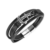 stylish mens black leather multilayer woven vintage stainless steel anchor hand ornaments