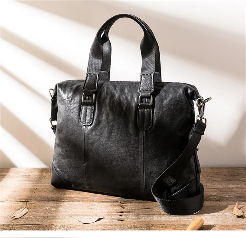 Simple casual high quality natural genuine leather men's black portable briefcase women's soft cowhide travel computer bag