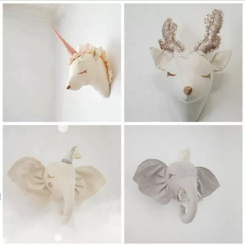 Nordic Children's Room Decoration 3D Animal Head Sheep Elephant Rabbit Unicorn Wall Ornament Stuffed Toy Art Birthday Presen