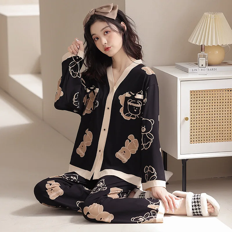 

Пижама женская на весну и осень из чистого хлопка с длинными рукавами осенний милая и милая Домашняя одежда высокого класса с маленьким медведем