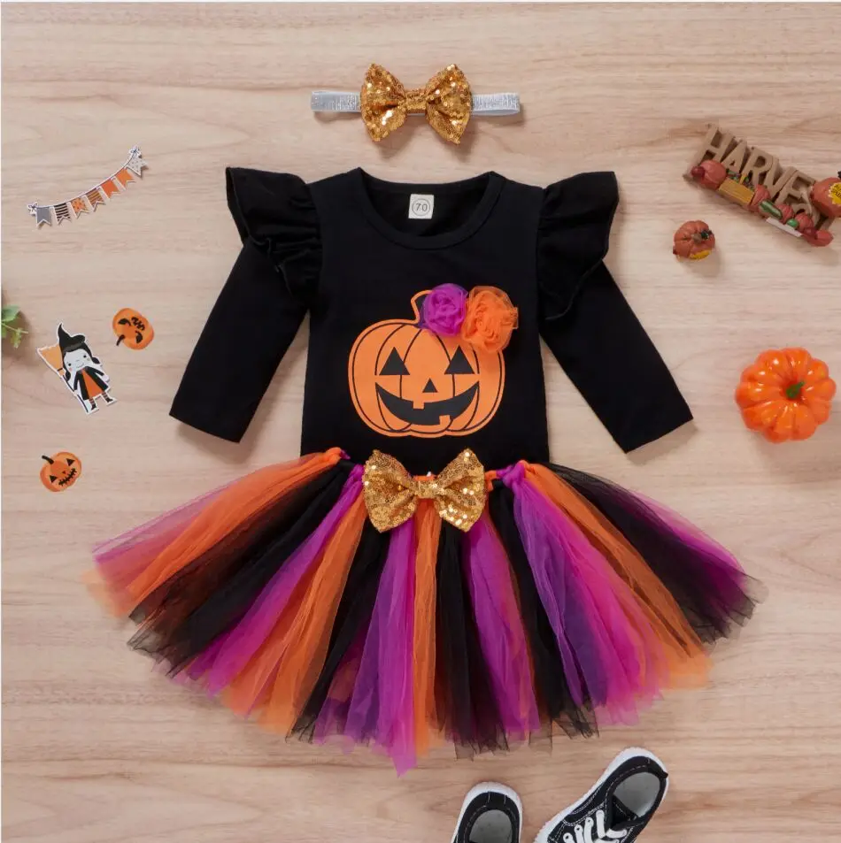 

Baby Girls Halloween Clothes Set Long Sleeve Letter Printed Romper Multicolor Yarn Skirt Headdress Halloween Costume