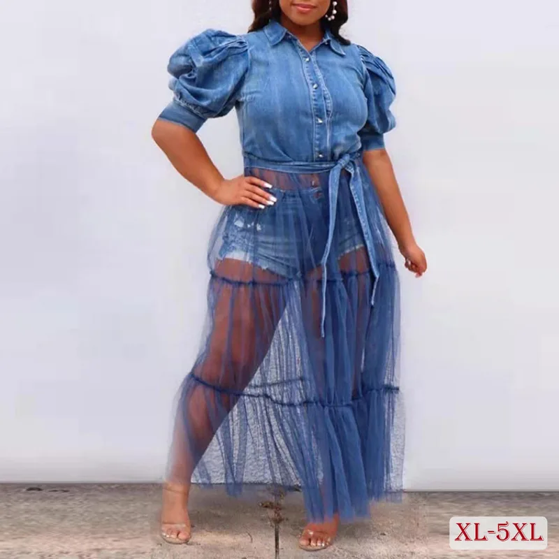 

Women's Elegant Blue Denim Dress, Plus Size, Casual, Patchwork, Mesh, Blue, Party, Summer, New, Female, 5XL