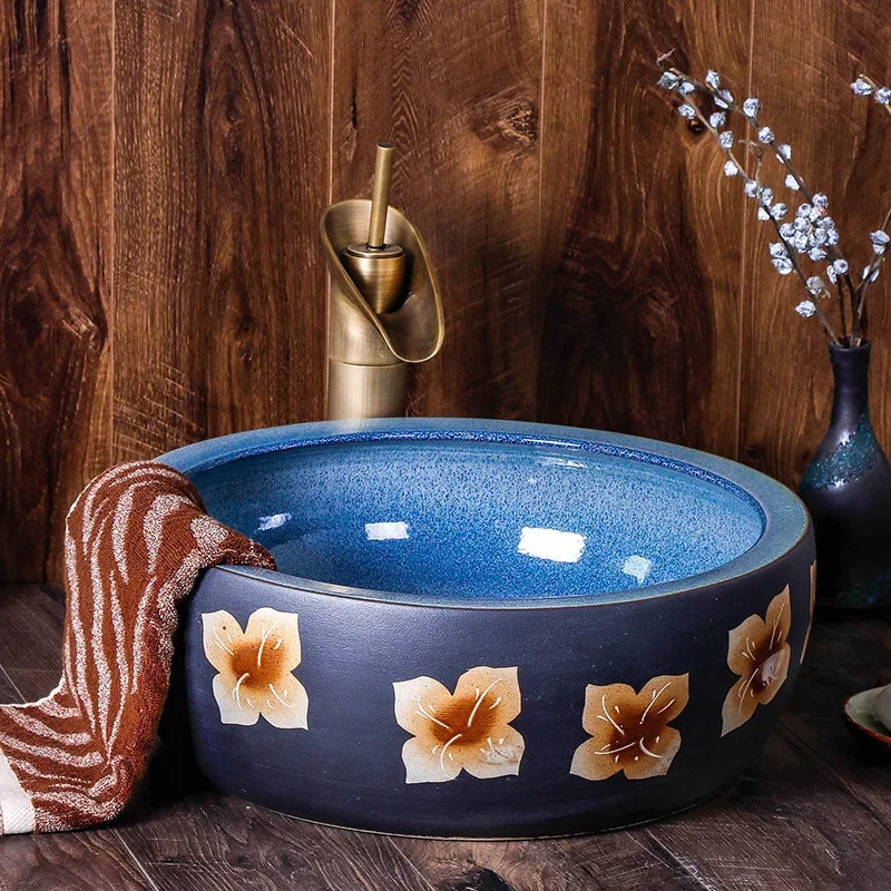 

Oval Chinese lotus Painting Antique ceramic sinks china wash basin Ceramic Counter Top Wash Basin Bathroom Sinks lavatory bowl