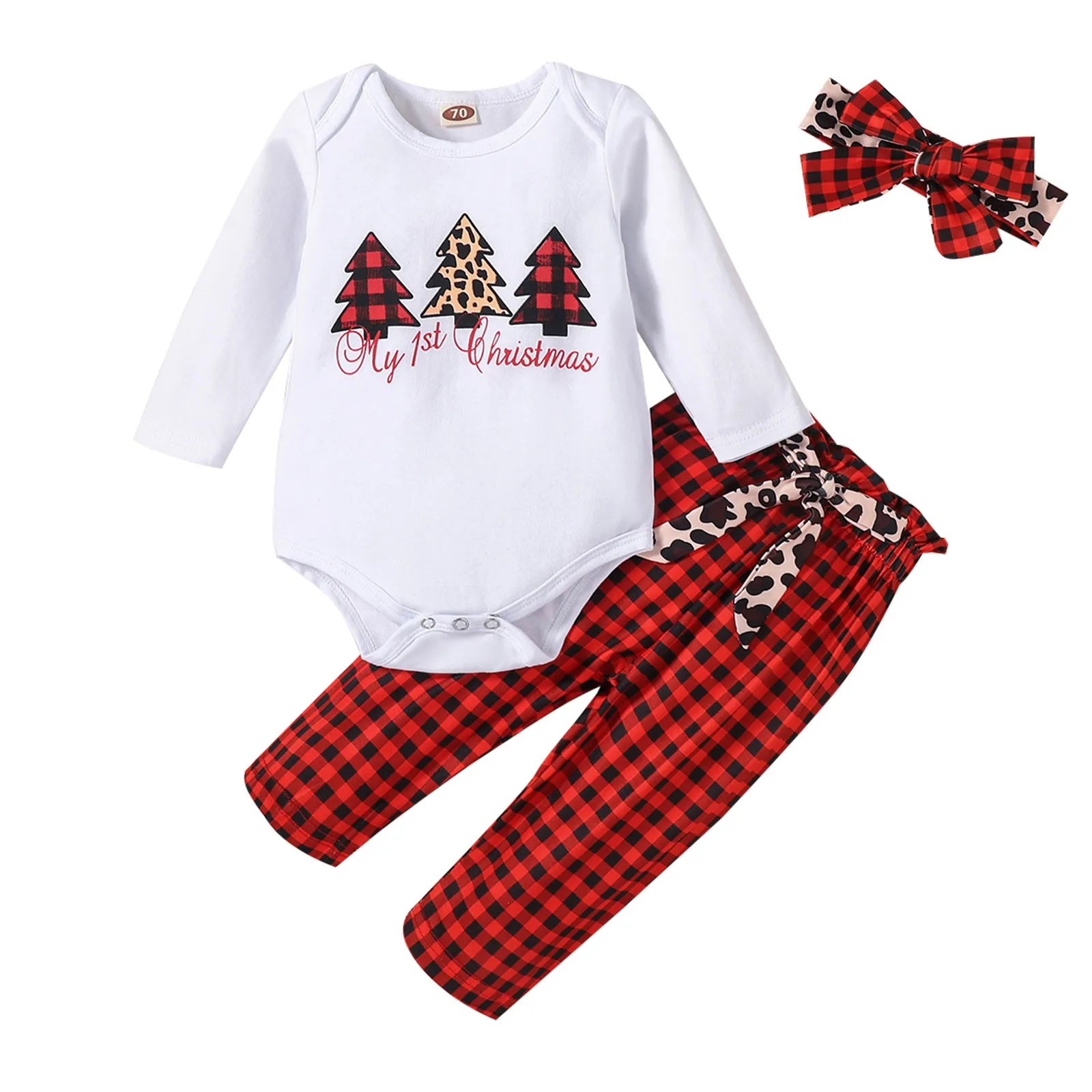 

Simple Sleeve Infant Baby Girls Boys Christmas Xmas Tree Letter Printed Romper Bodysuit Pants Headbands Outfits Set