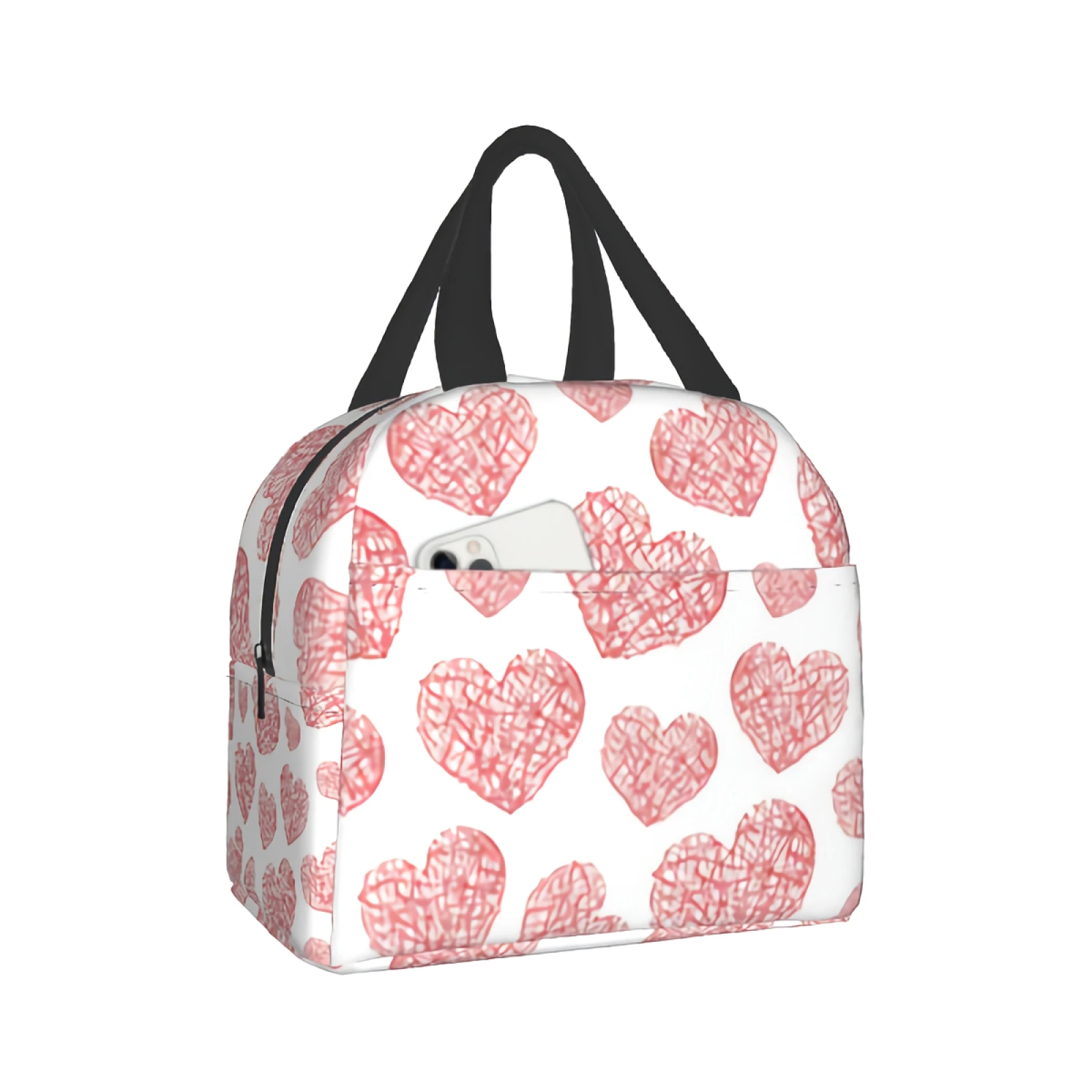 

Reusable Insulated Lunch Bag for Women Men Leakproof Cooler Tote Bag Red Love Heart Freezable Lunch Box for Work Picnic Beach