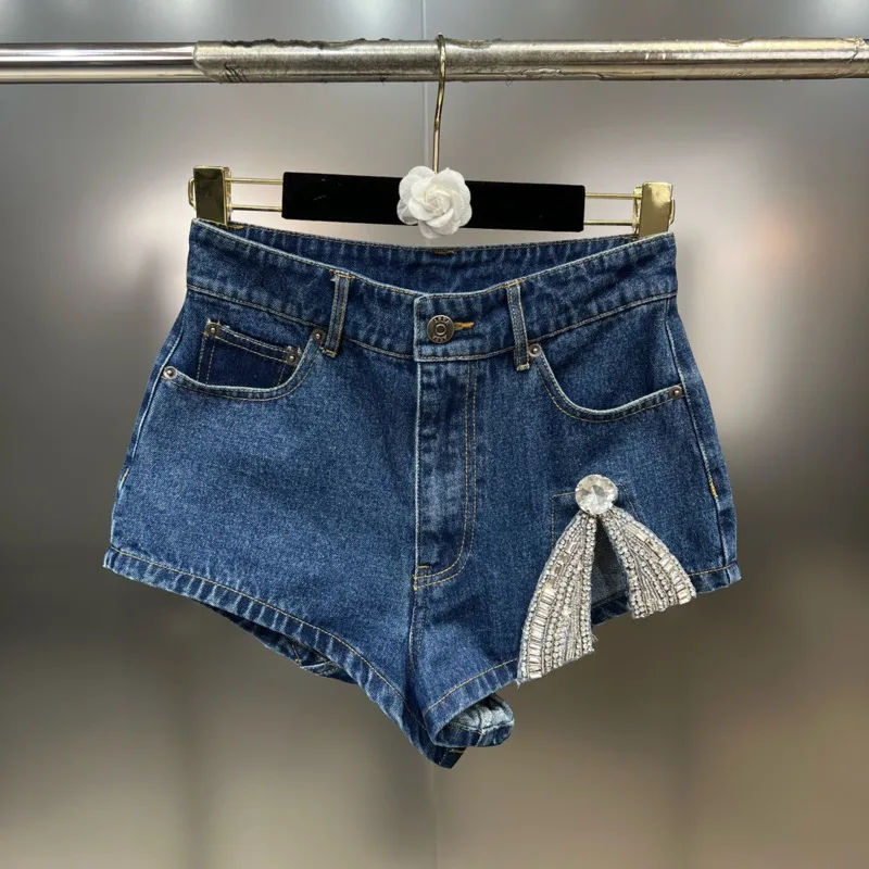 

BORVEMAYS Patchwork Diamonds Denim Shorts Women 2023 Summer New High Waist All-match Jeans Fashion Trend WZ1696
